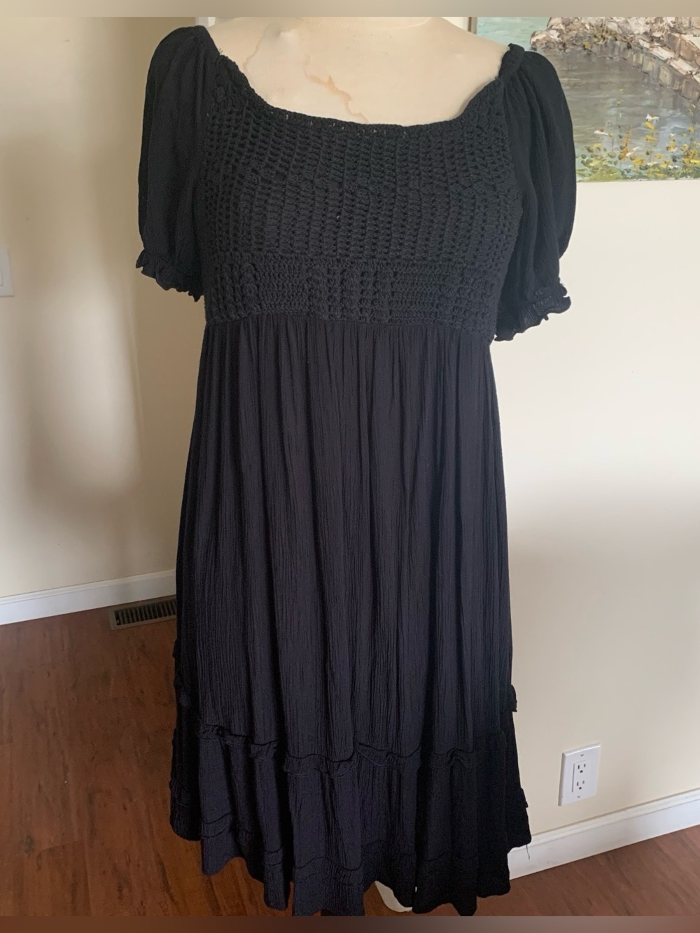Blush Black Smocked Puff-Sleeve Midi Dress
